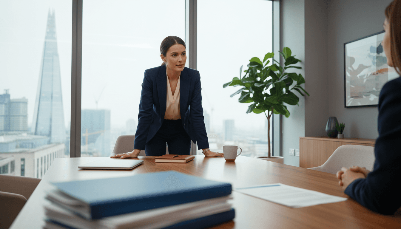 Consultant listening attentively across a desk during a legal consultation