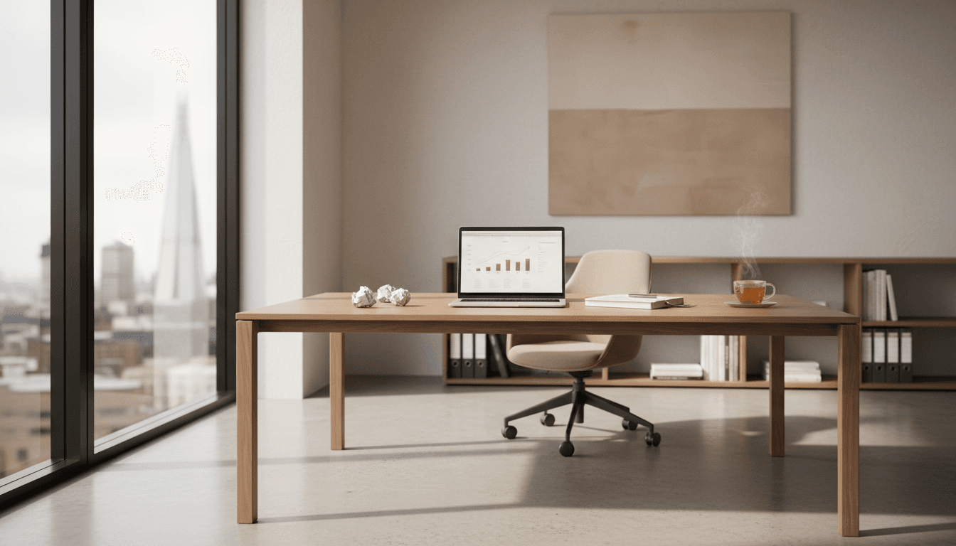 Bright, modern consultancy office with a laptop and notebook on a clean desk