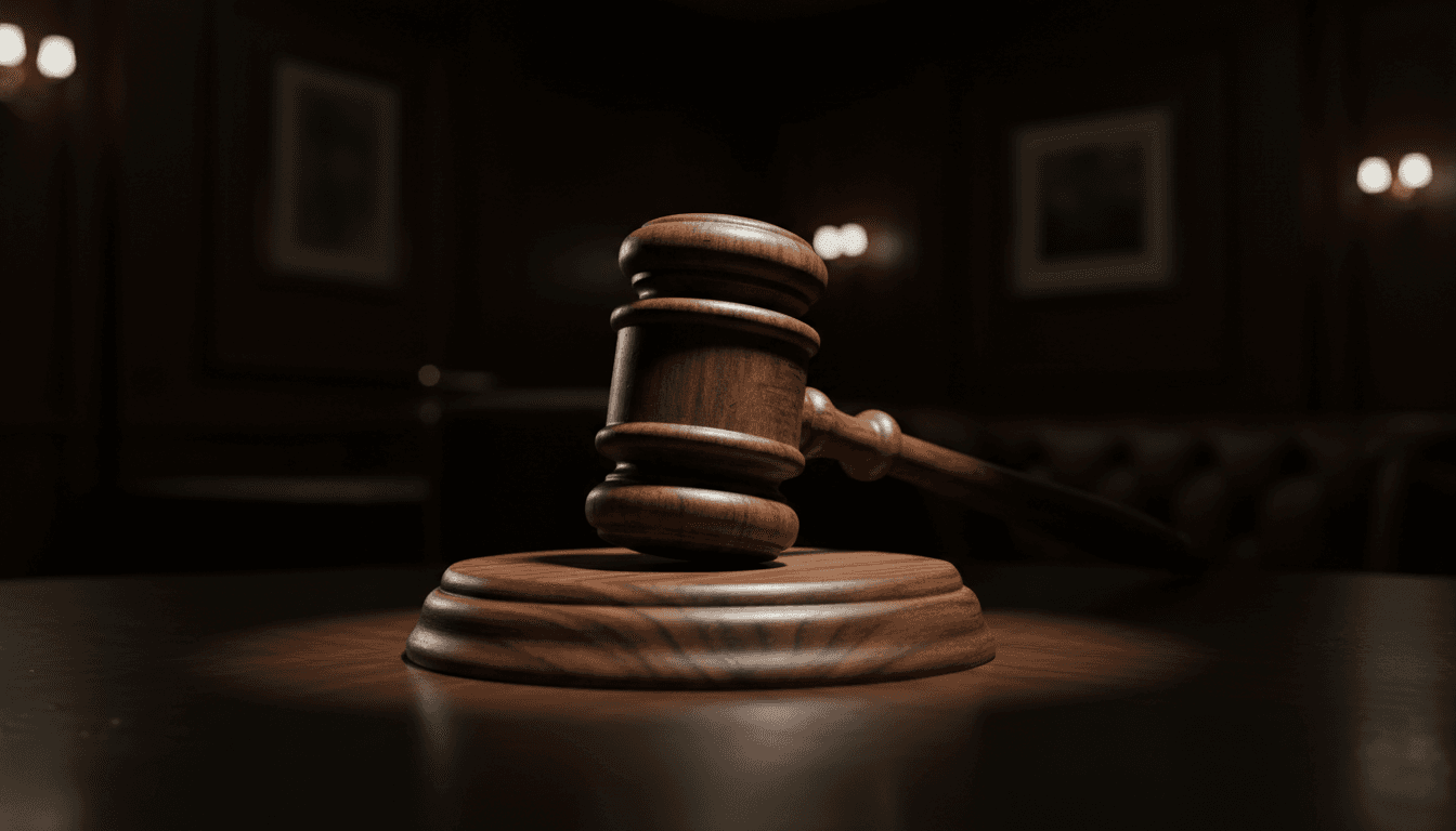 Gavel resting on wooden block in dramatic dim lighting