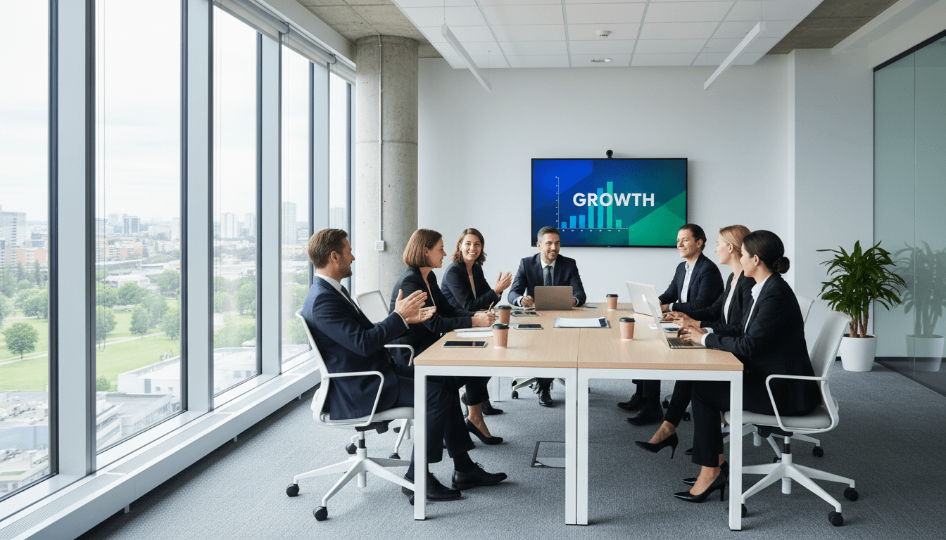 Business team meeting in modern office with natural lighting and professionals.