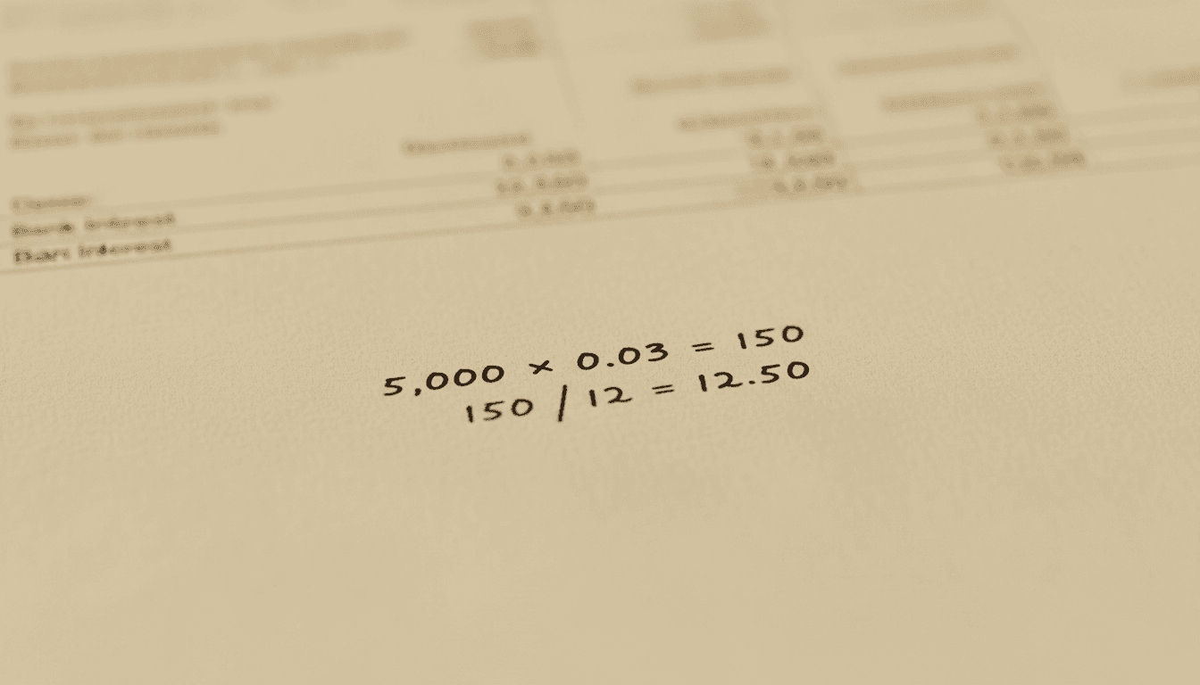 Close-up of a document with handwritten calculations and a blurred bank statement behind