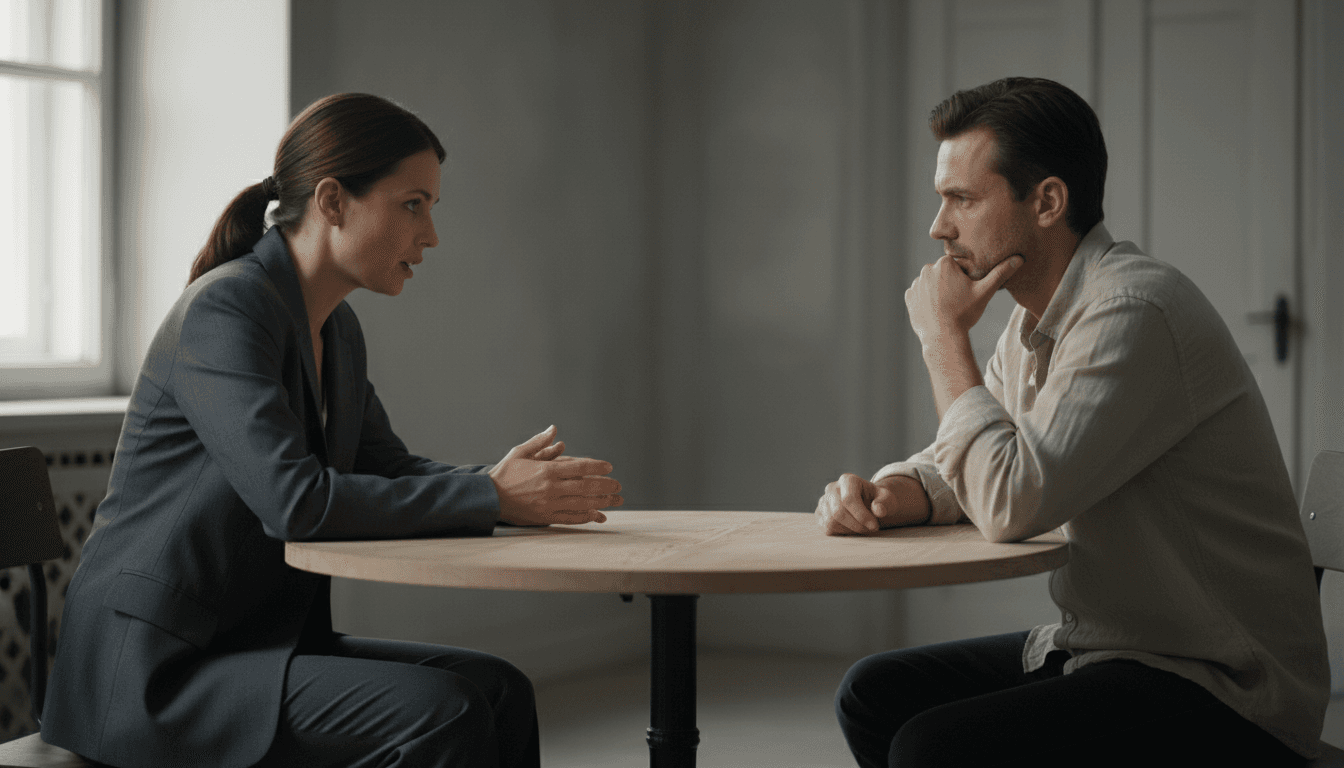 Two people sitting across a table in a tense but composed conversation
