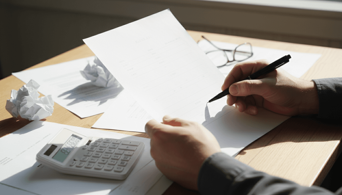 Hands reviewing paperwork with a pen and calculator nearby