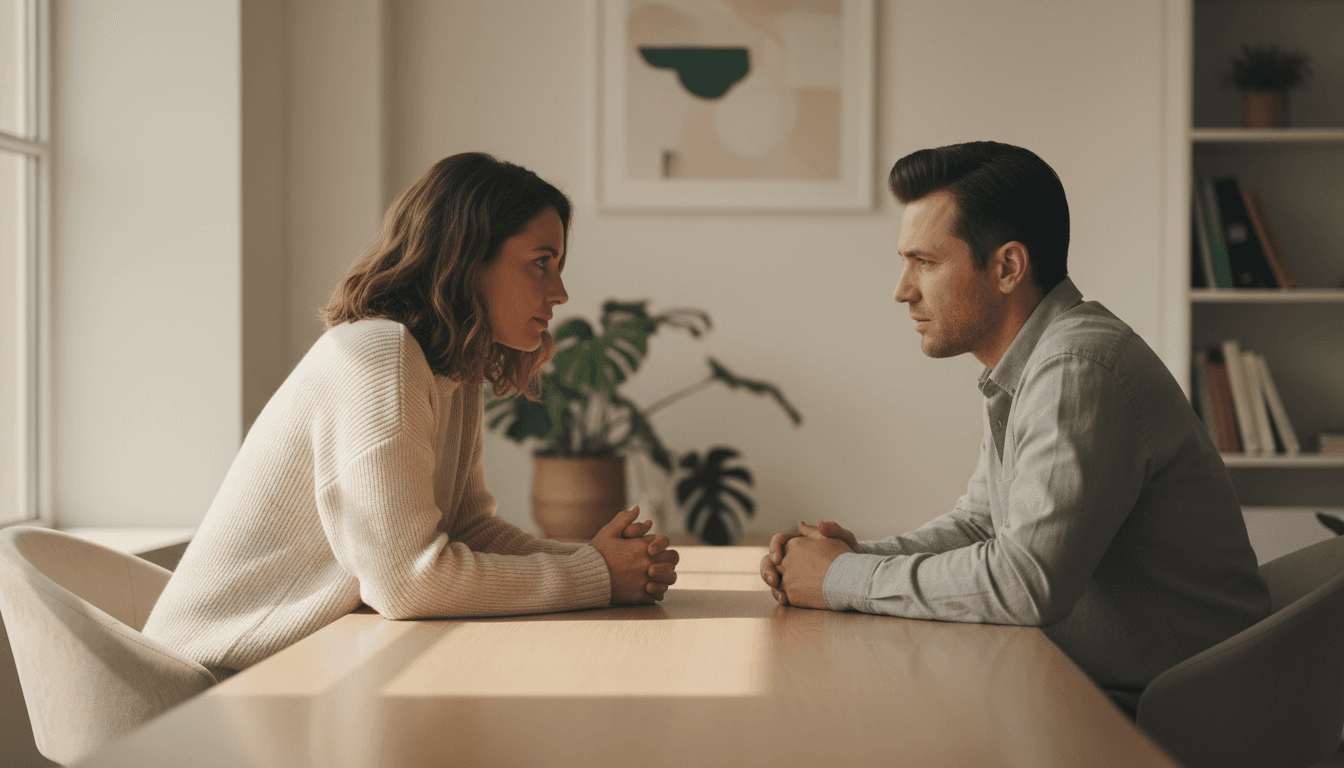 Two people having a private, calm conversation across a desk