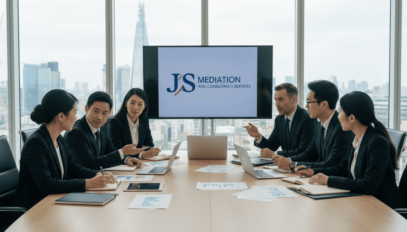 Diverse group of professionals in discussion around a conference table with documents and devices.