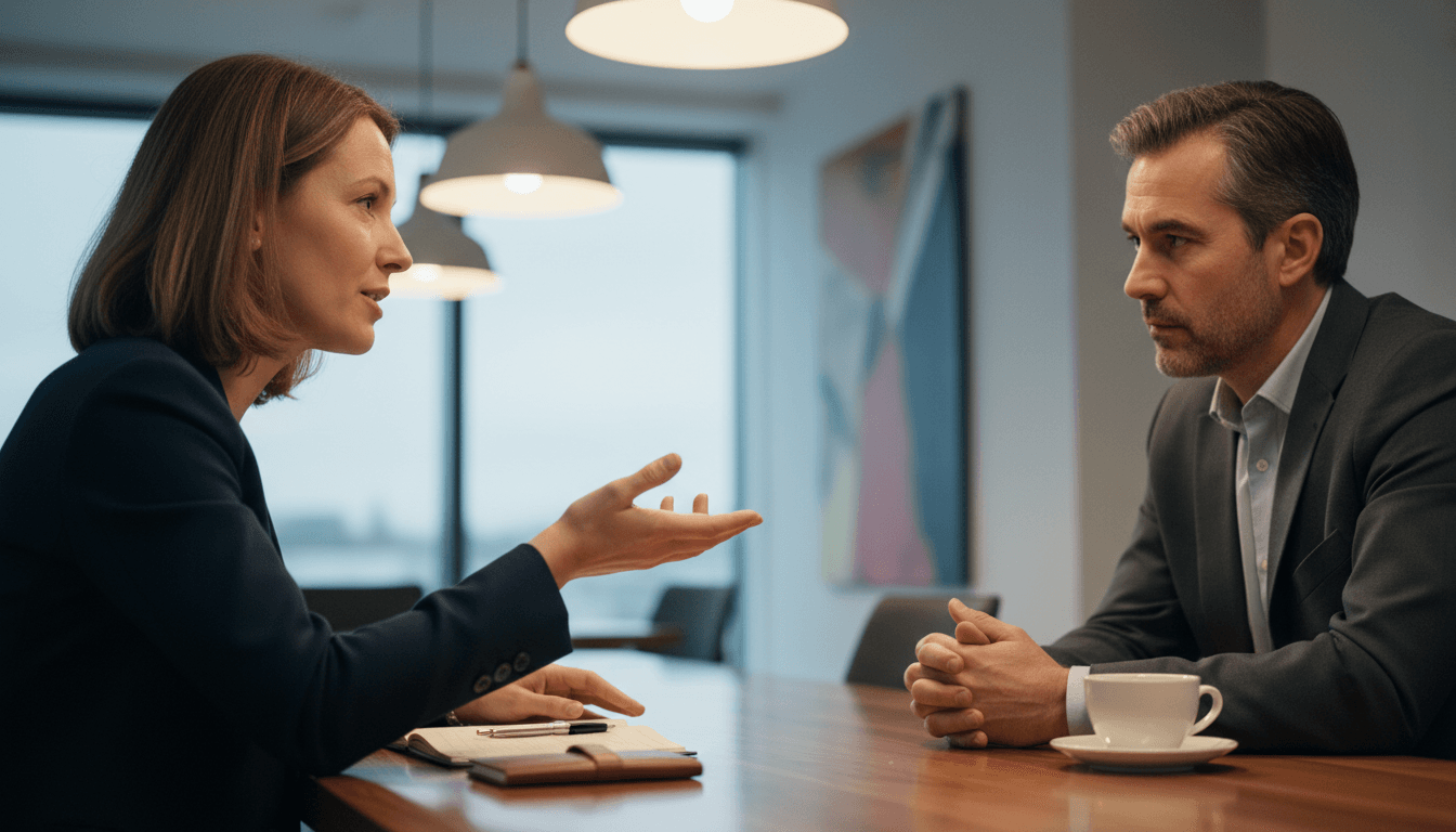 Two professionals engaged in mediation discussion