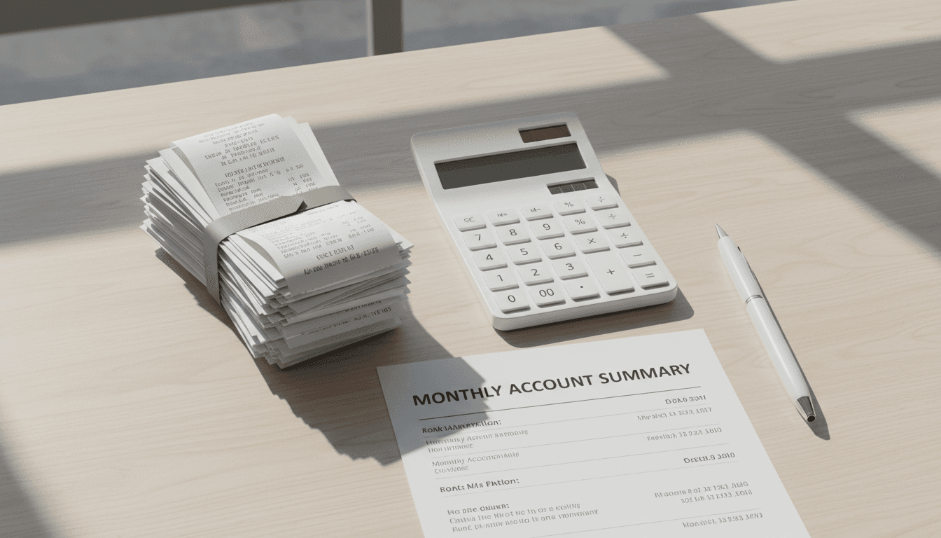 Overhead view of calculator, receipts and bank statement arranged neatly on a desk