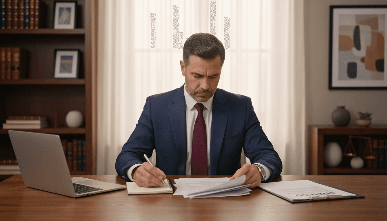 Professional mediator reviewing case documents at desk
