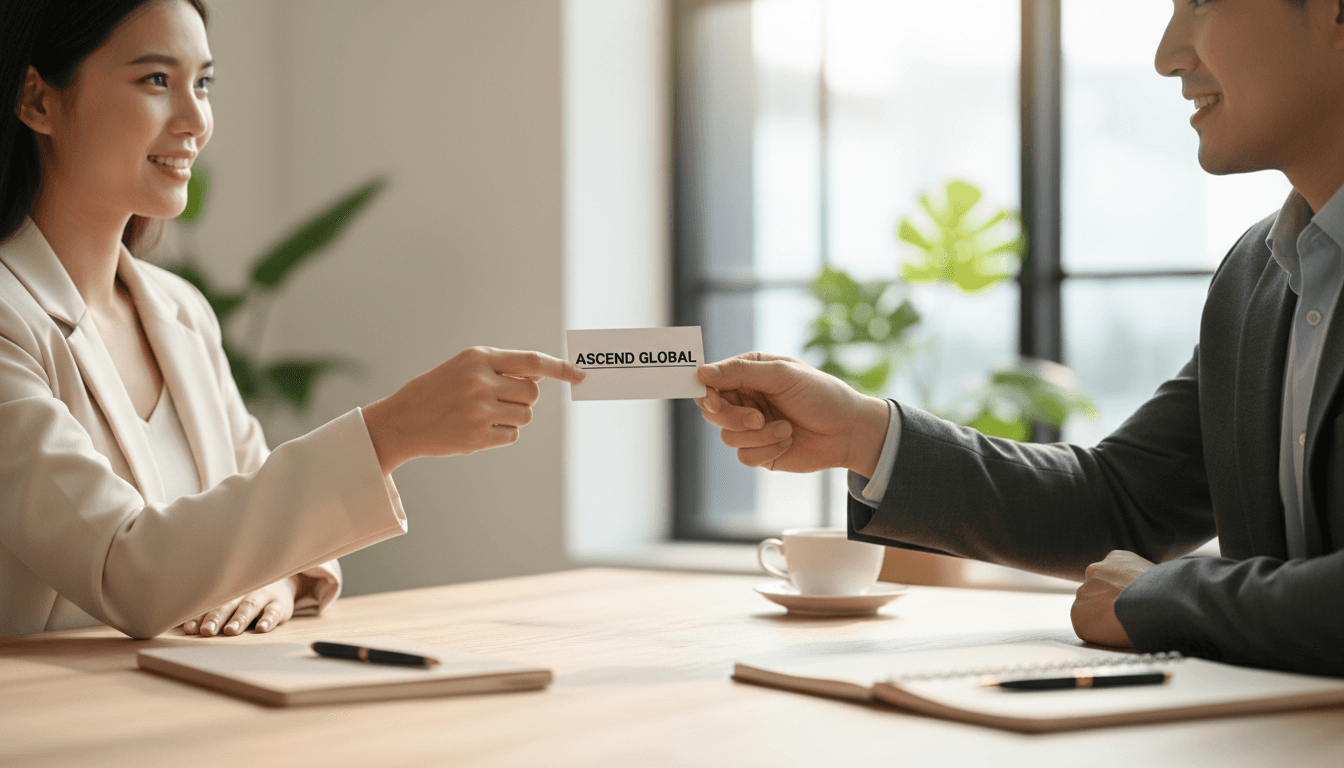 Professional handing a business card across a table