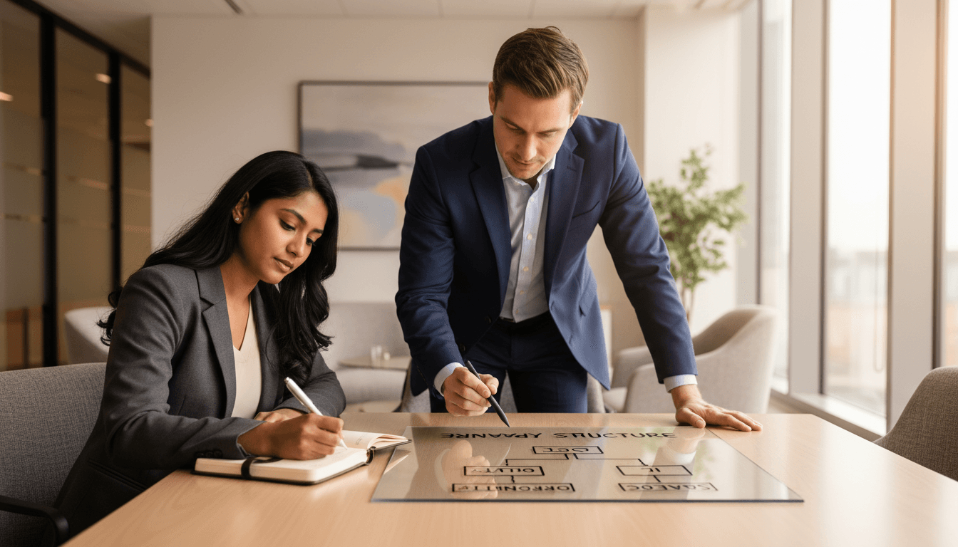 Consultant guiding a client through a business structure plan in a Northampton office