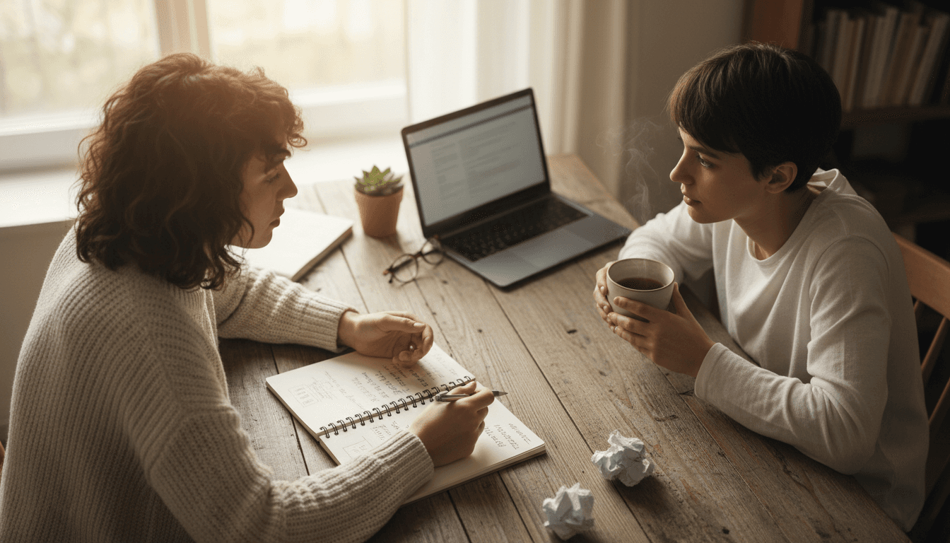 Two people having a focused conversation at a table with a notepad