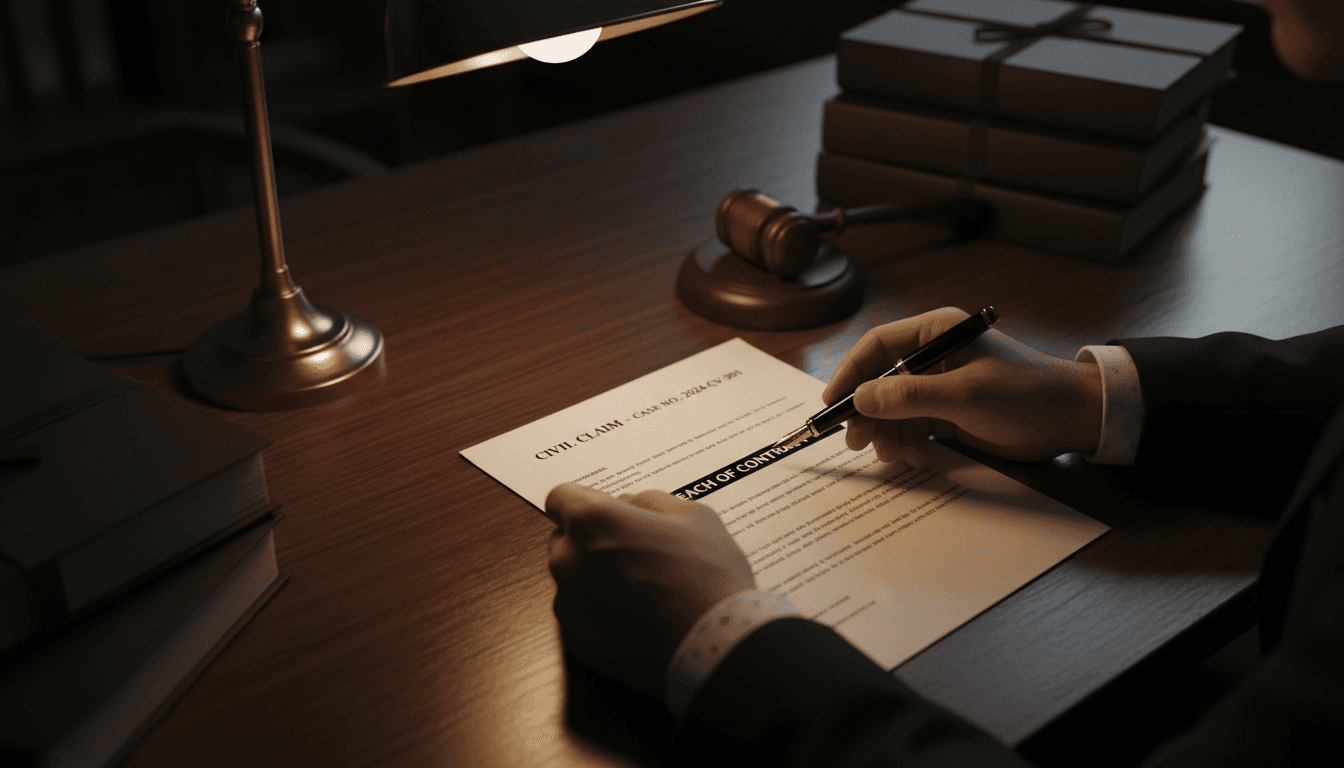 Solicitor reviewing civil claim documents at a desk