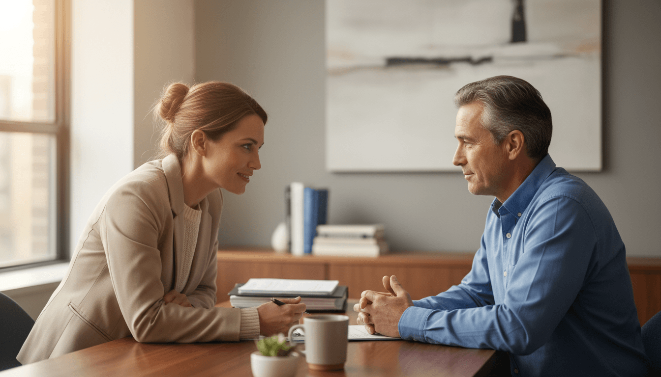 Consultant listening to a client across a desk