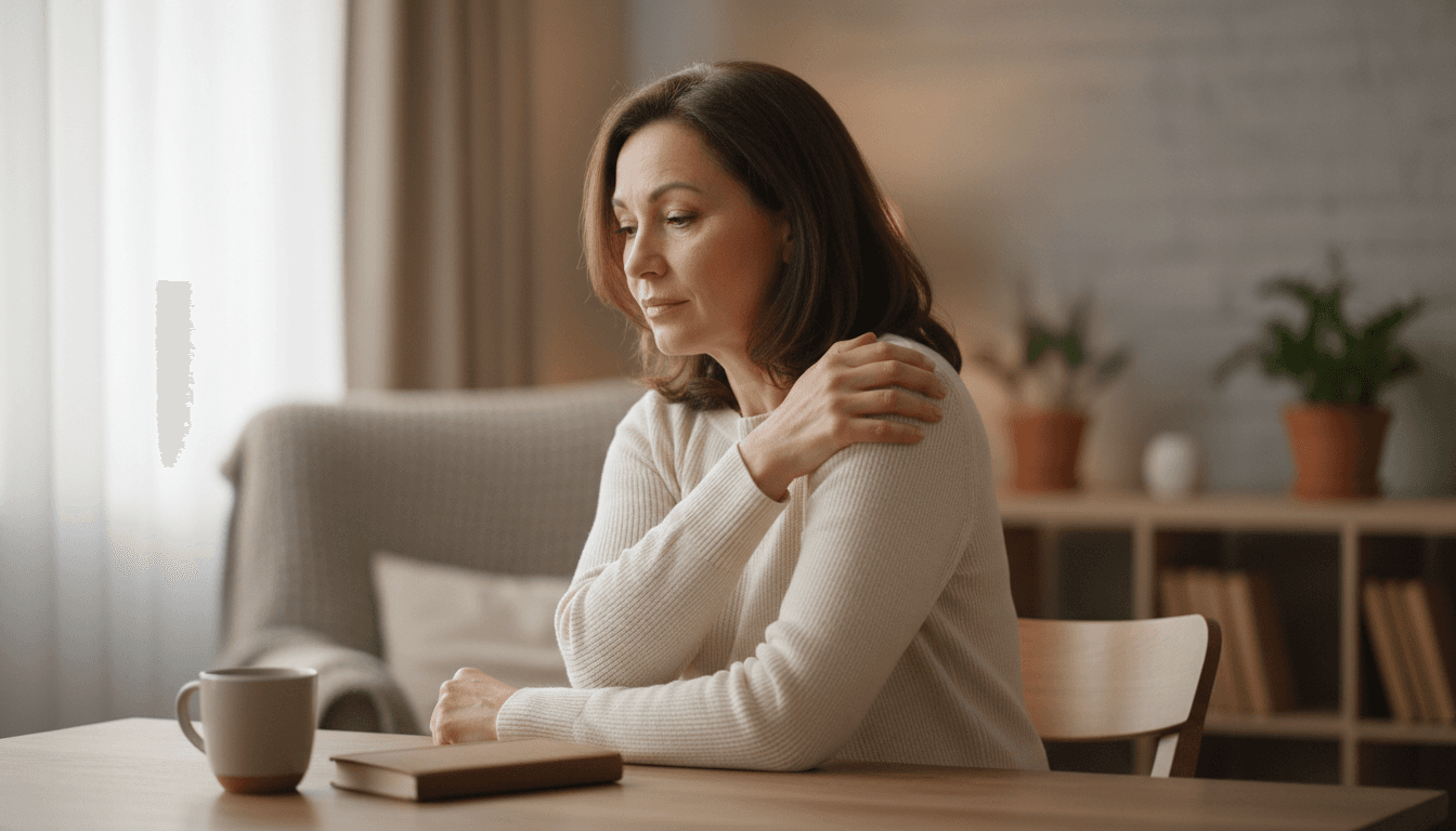 Woman touching her shoulder thoughtfully at a table in soft natural light