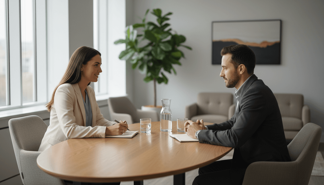 Professional mediator in consultation meeting with clients in a modern London office