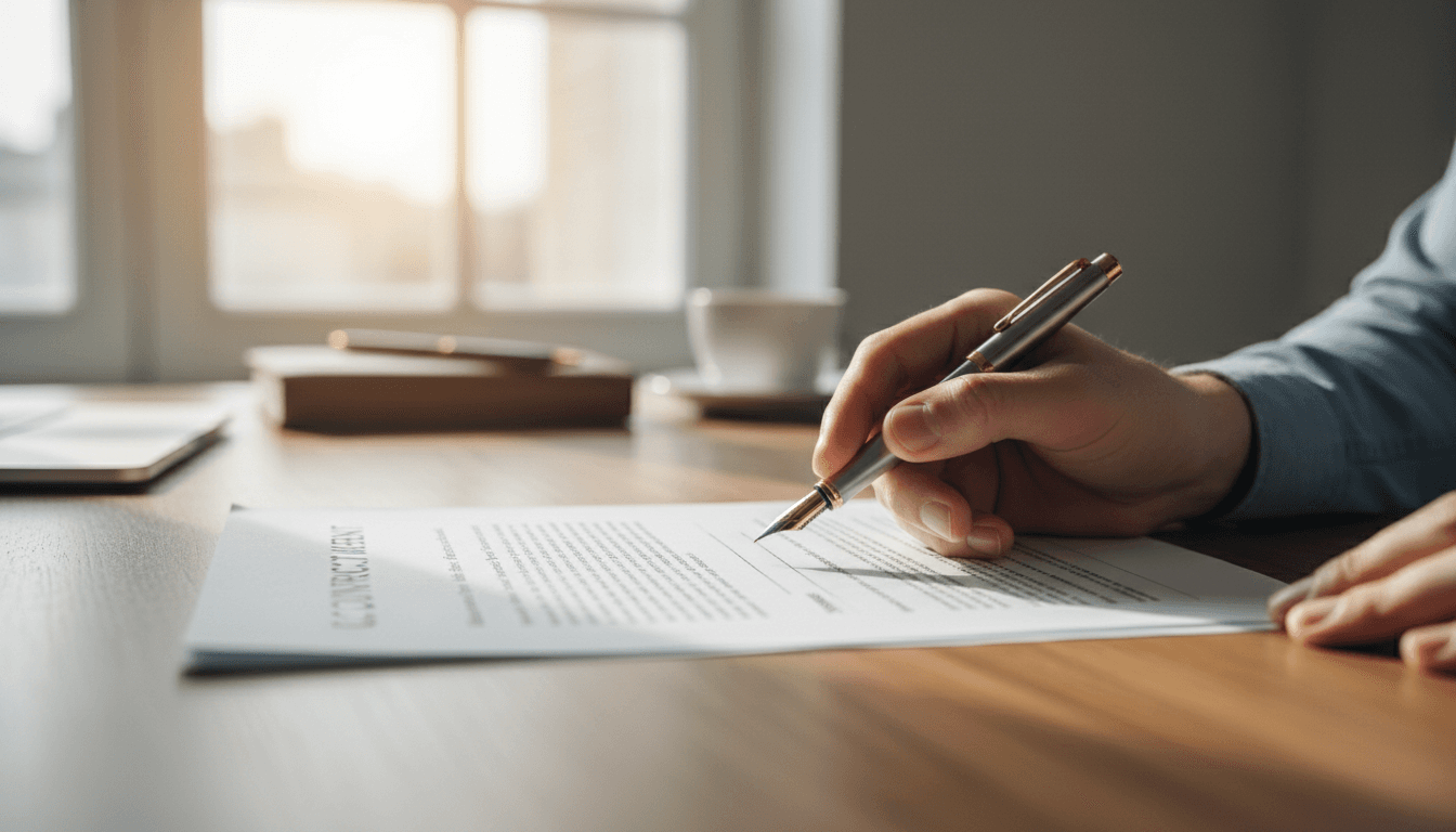 Hands reviewing legal paperwork on a desk