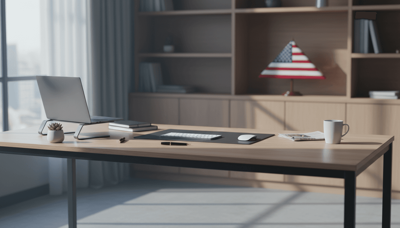 Organized office desk with a folded flag in soft focus on a shelf