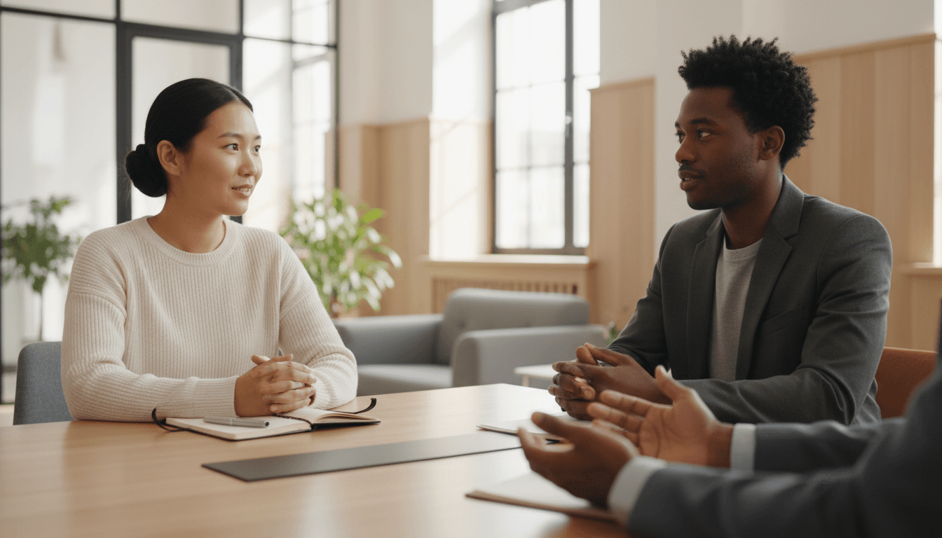 Two people in professional mediation conversation, sharing calm dialogue across a table in natural light