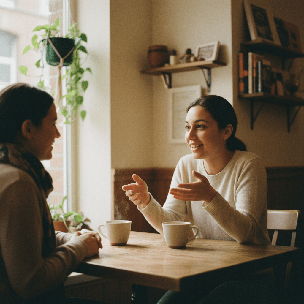 Two professionals in mediation session having thoughtful conversation