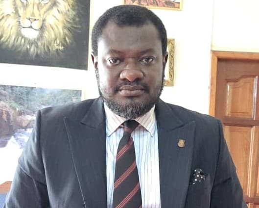 Man with a beard wearing a dark suit and striped tie with a lion painting.